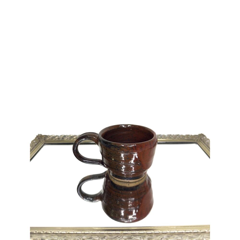 Signed Pottery mug, wide handle, brown, wheel thrown pottery, glazed, non-toxic